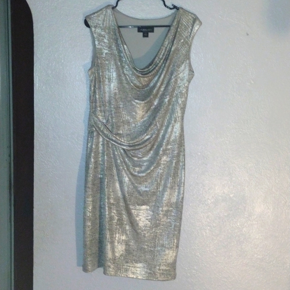 Gold and Silver Midi Scarlett Dress with Cinched Waist Holiday NYE Party 12